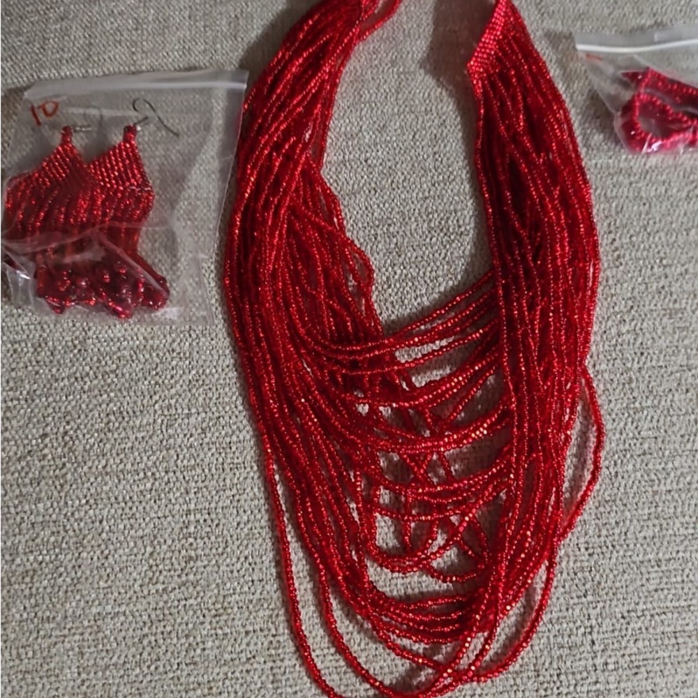 Elegant Red Beaded Necklace and Earring Set